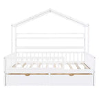 Letto a capanna a grandezza naturale con cassetti e mensole portaoggetti, letto a piattaforma per bambini con sponde protettive, struttura in legno a forma di tenda da gioco per bambine e bambini, bianco