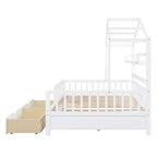 Letto a capanna a grandezza naturale con cassetti e mensole portaoggetti, letto a piattaforma per bambini con sponde protettive, struttura in legno a forma di tenda da gioco per bambine e bambini, bianco
