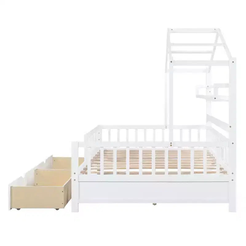 Letto a capanna a grandezza naturale con cassetti e mensole portaoggetti, letto a piattaforma per bambini con sponde protettive, struttura in legno a forma di tenda da gioco per bambine e bambini, bianco
