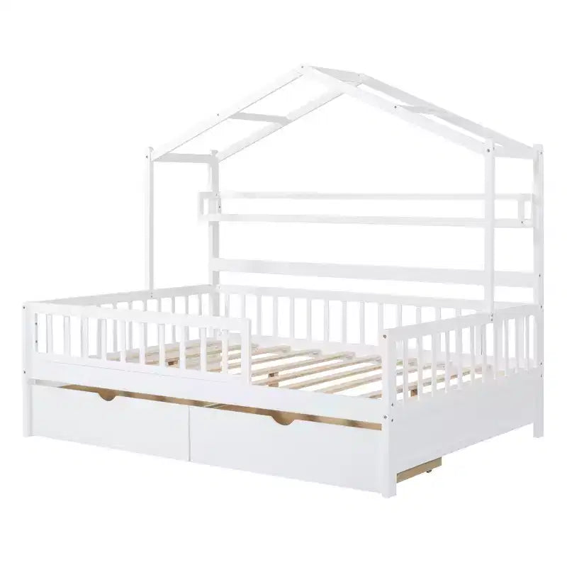 Letto a capanna a grandezza naturale con cassetti e mensole portaoggetti, letto a piattaforma per bambini con sponde protettive, struttura in legno a forma di tenda da gioco per bambine e bambini, bianco
