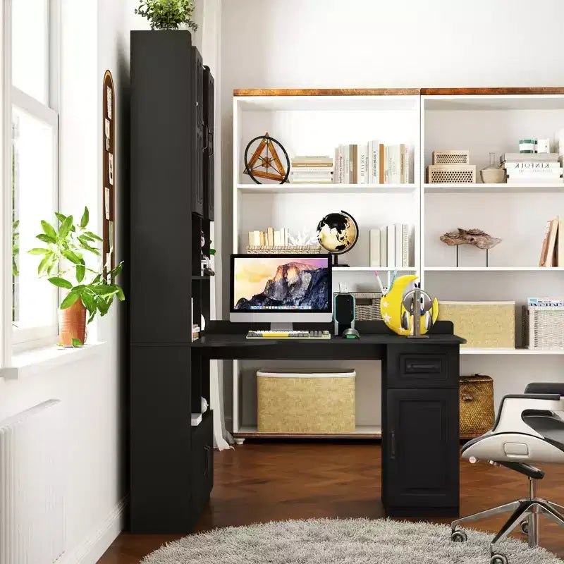 CLIHOME 2-in-1 L-Shaped Corner Computer Desk for Home Office or Study, Study Table with Drawers, Bookshelf & Hutch, Large Working Space