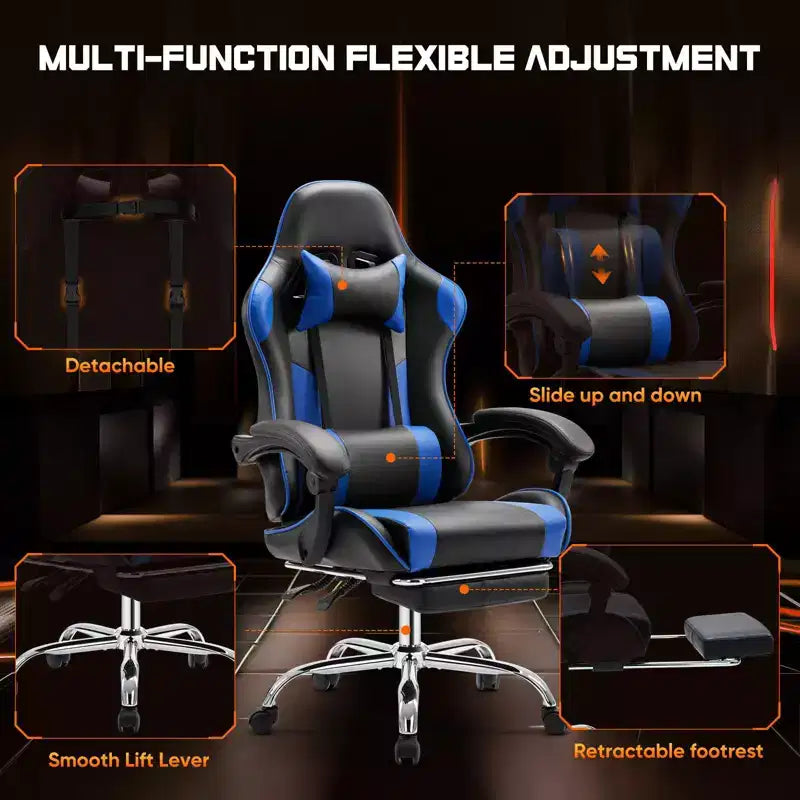 MAYEERTY Sedia da gaming Sedia da scrivania per videogiochi Ergonomica da computer con poggiapiedi Comoda con supporto lombare Reclinabile in pelle PU con poggiatesta Braccioli fissi