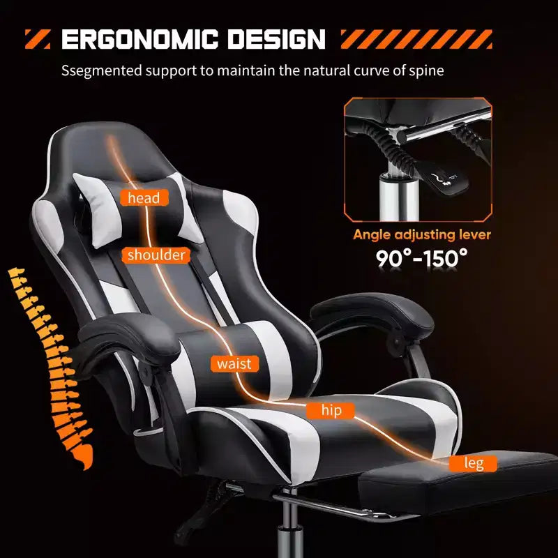 MAYEERTY Sedia da gaming Sedia da scrivania per videogiochi Ergonomica da computer con poggiapiedi Comoda con supporto lombare Reclinabile in pelle PU con poggiatesta Braccioli fissi