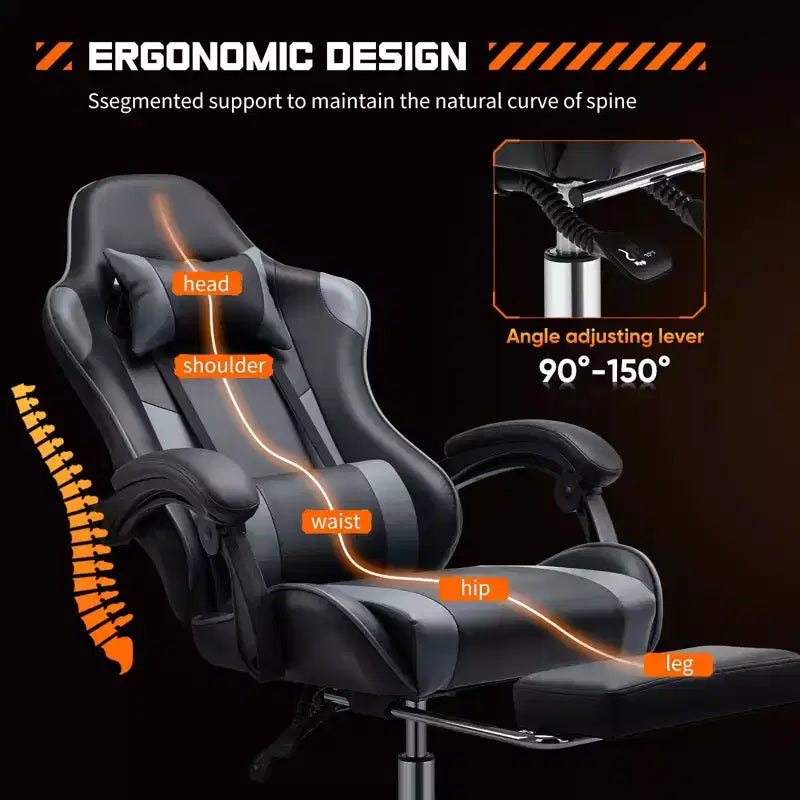 MAYEERTY Sedia da gaming Sedia da scrivania per videogiochi Ergonomica da computer con poggiapiedi Comoda con supporto lombare Reclinabile in pelle PU con poggiatesta Braccioli fissi