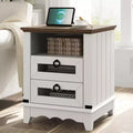 COZONY Farmhouse Nightstand with Charging Station, Drawers, Open Cubby Storage, Bedside Table for Bedroom Living Room
