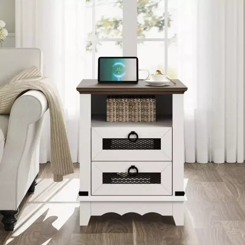 COZONY Farmhouse Nightstand with Charging Station, Drawers, Open Cubby Storage, Bedside Table for Bedroom Living Room