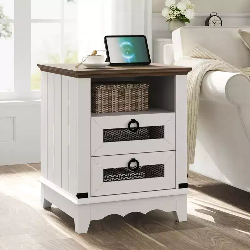 COZONY Farmhouse Nightstand with Charging Station, Drawers, Open Cubby Storage, Bedside Table for Bedroom Living Room