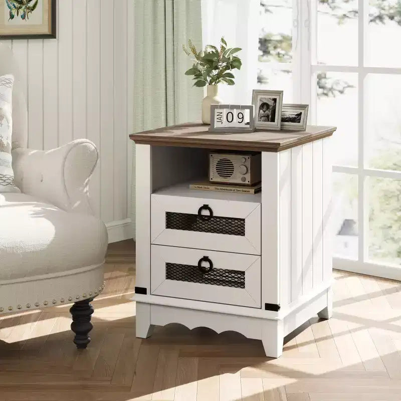 COZONY Farmhouse Nightstand with Charging Station, Drawers, Open Cubby Storage, Bedside Table for Bedroom Living Room