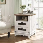 COZONY Farmhouse Nightstand with Charging Station, Drawers, Open Cubby Storage, Bedside Table for Bedroom Living Room