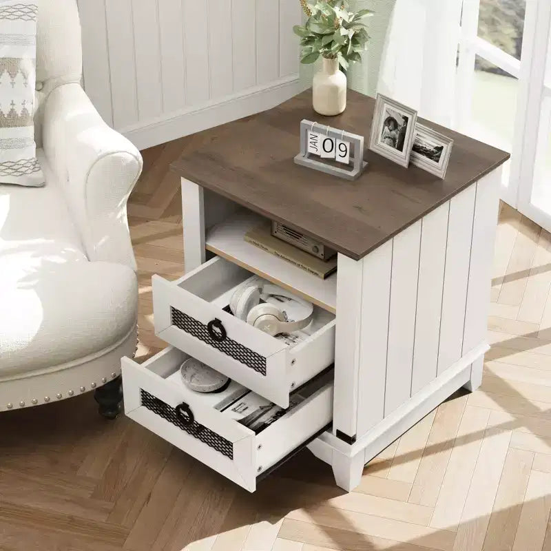 COZONY Farmhouse Nightstand with Charging Station, Drawers, Open Cubby Storage, Bedside Table for Bedroom Living Room
