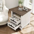 COZONY Farmhouse Nightstand with Charging Station, Drawers, Open Cubby Storage, Bedside Table for Bedroom Living Room