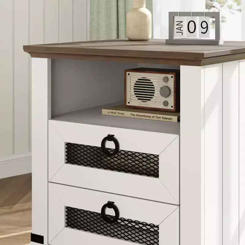 COZONY Farmhouse Nightstand with Charging Station, Drawers, Open Cubby Storage, Bedside Table for Bedroom Living Room