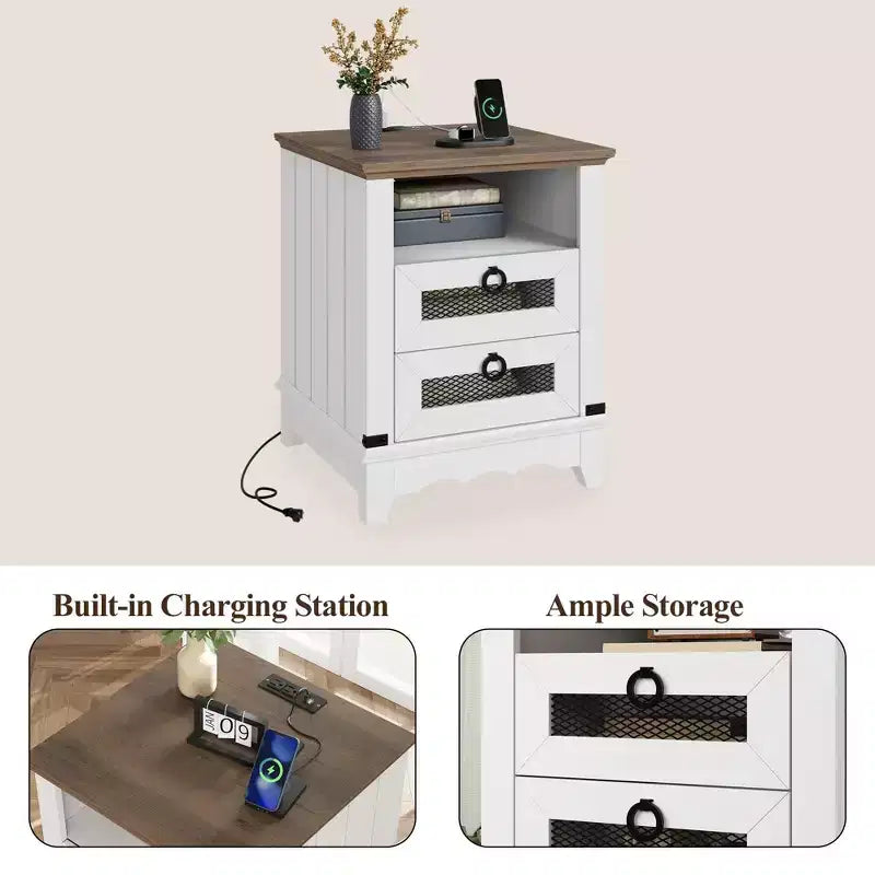 COZONY Farmhouse Nightstand with Charging Station, Drawers, Open Cubby Storage, Bedside Table for Bedroom Living Room