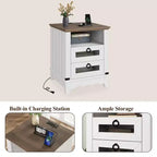 COZONY Farmhouse Nightstand with Charging Station, Drawers, Open Cubby Storage, Bedside Table for Bedroom Living Room