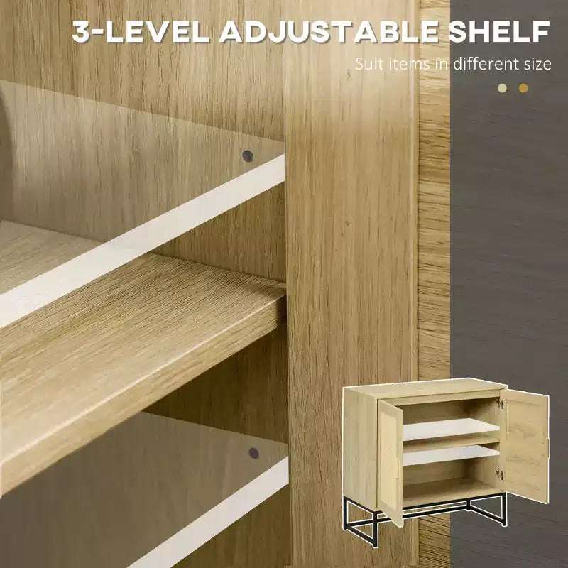 Sideboard Cabinet with Rattan Doors, Adjustable Shelf, Metal Base, Storage Cabinet for Living Room, Bedroom