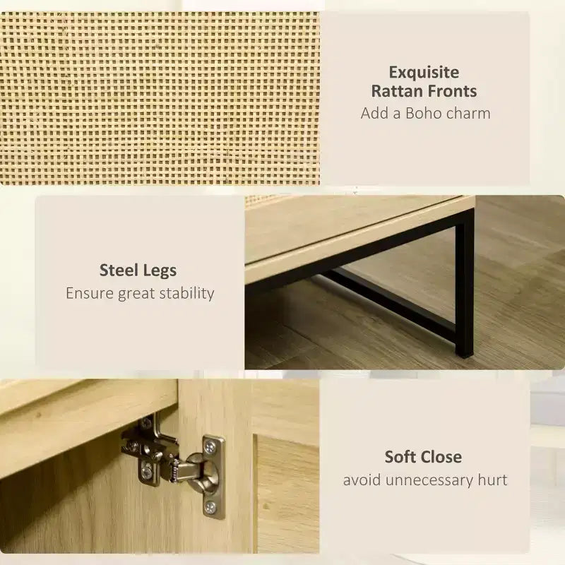 Sideboard Cabinet with Rattan Doors, Adjustable Shelf, Metal Base, Storage Cabinet for Living Room, Bedroom