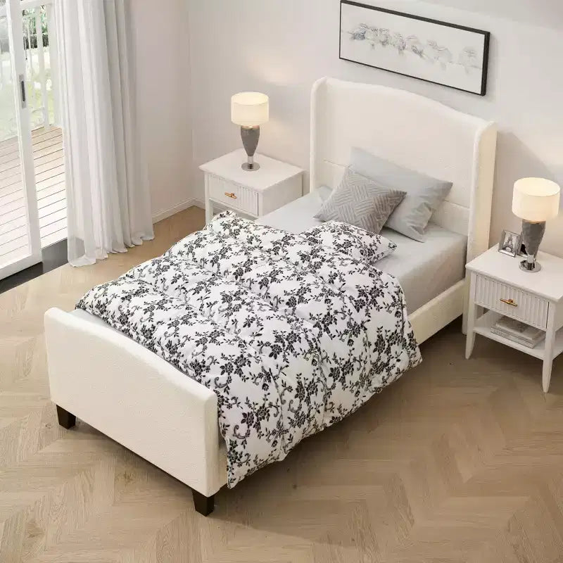 Okak Struttura Letto con Piattaforma Alta in Legno di Tutte le Dimensioni con Testiera Imbottita in Teddy, Letto Morbido Moderno Senza Bisogno di Rete a Molle