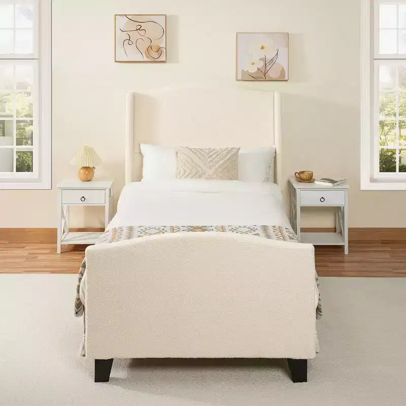 Okak Struttura Letto con Piattaforma Alta in Legno di Tutte le Dimensioni con Testiera Imbottita in Teddy, Letto Morbido Moderno Senza Bisogno di Rete a Molle