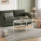 COZONY Coffee Table, Oval Water Wave Glass Top Side Table, Rattan Storage Shelf, 2-Tier Metal Frame, Farmhouse End Table for Living Room Small Space