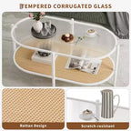 COZONY Coffee Table, Oval Water Wave Glass Top Side Table, Rattan Storage Shelf, 2-Tier Metal Frame, Farmhouse End Table for Living Room Small Space