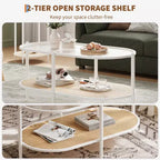 COZONY Coffee Table, Oval Water Wave Glass Top Side Table, Rattan Storage Shelf, 2-Tier Metal Frame, Farmhouse End Table for Living Room Small Space
