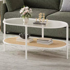 COZONY Coffee Table, Oval Water Wave Glass Top Side Table, Rattan Storage Shelf, 2-Tier Metal Frame, Farmhouse End Table for Living Room Small Space