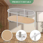 COZONY Coffee Table, Oval Water Wave Glass Top Side Table, Rattan Storage Shelf, 2-Tier Metal Frame, Farmhouse End Table for Living Room Small Space