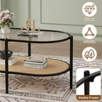 COZONY Coffee Table, Oval Water Wave Glass Top Side Table, Rattan Storage Shelf, 2-Tier Metal Frame, Farmhouse End Table for Living Room Small Space