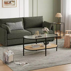 COZONY Coffee Table, Oval Water Wave Glass Top Side Table, Rattan Storage Shelf, 2-Tier Metal Frame, Farmhouse End Table for Living Room Small Space