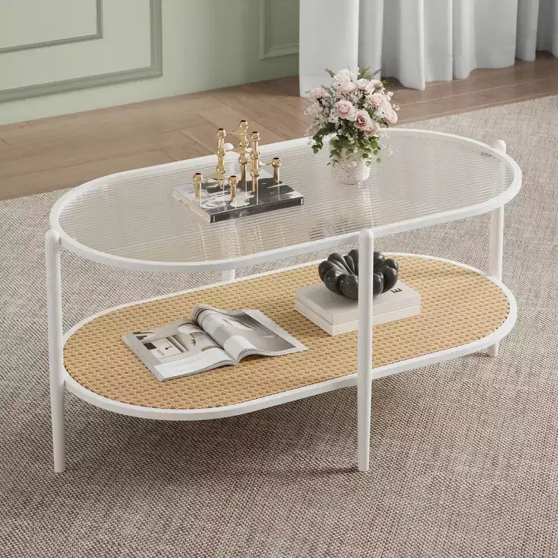 COZONY Coffee Table, Oval Water Wave Glass Top Side Table, Rattan Storage Shelf, 2-Tier Metal Frame, Farmhouse End Table for Living Room Small Space