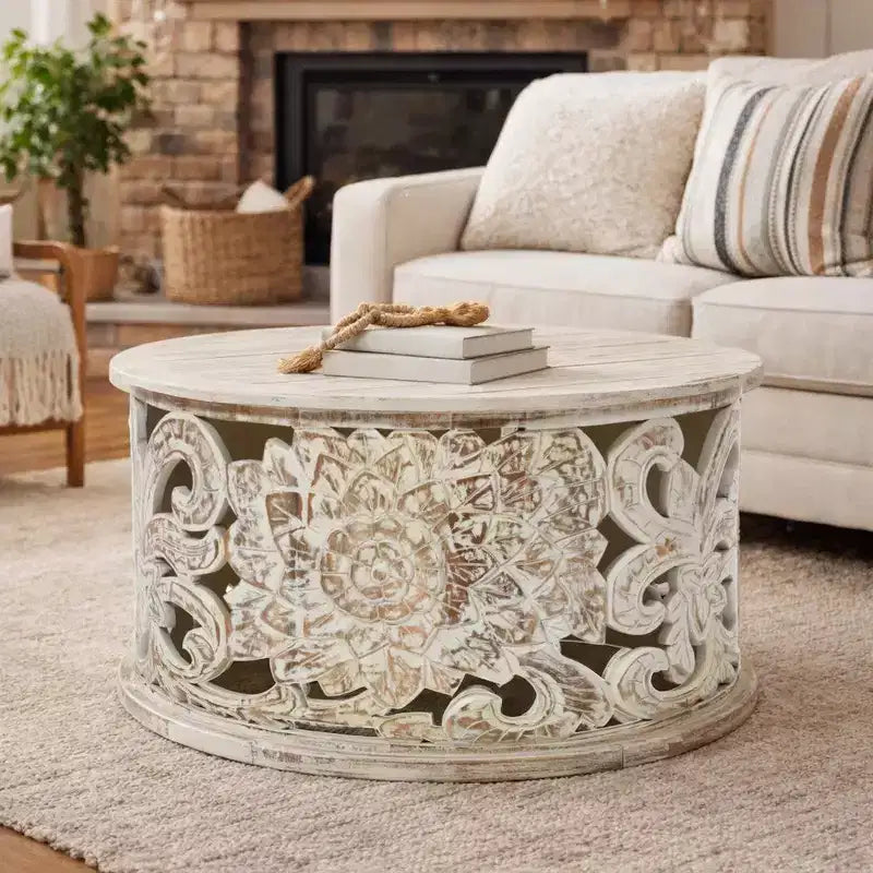 Royal Hampton Alina Coffee Table Handcrafted Mango Wood Floral Carved Cut Out Design Distressed White Finish 33 Inch