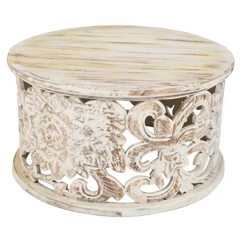 Tavolino Royal Hampton Alina in Legno di Mango Lavorato a Mano con Intaglio Floreale, Finitura Bianca Decapata, 33 Pollici