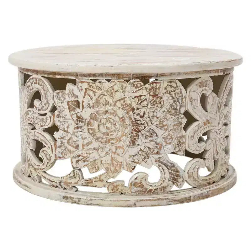 Tavolino Royal Hampton Alina in Legno di Mango Lavorato a Mano con Intaglio Floreale, Finitura Bianca Decapata, 33 Pollici