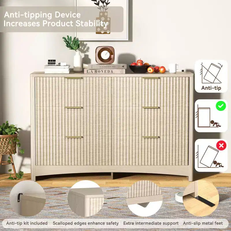 Cassettiera in legno a 6 cassetti, soluzione di archiviazione moderna per camere da letto, soggiorni e corridoi, con grande capacità ed elegante finitura in legno naturale