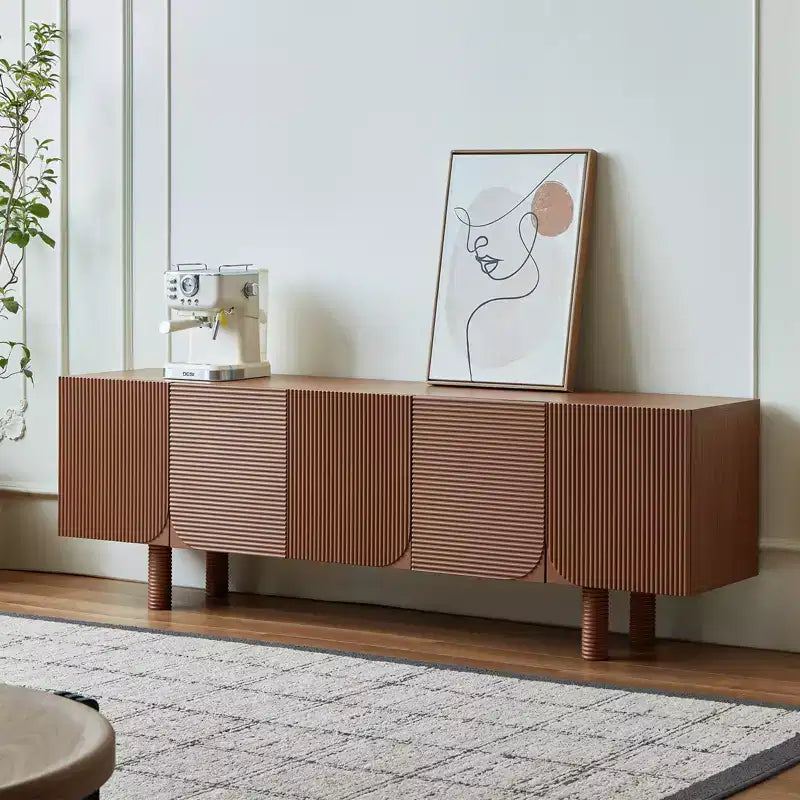 JVNOXK 70.9inch Mid-Century Modern Threaded TV Media Cabinet, fits TVs up to 80 inches, with recessed door panels and 4 storage cabinets, Walnut