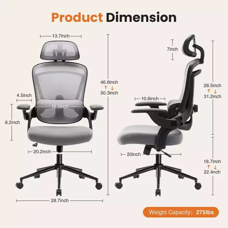 Okak High-Back Ergonomic Office Chair with Adjustable Lumbar Support, Gaming Chair with Mesh Headrest, Computer Chair for Home, Office