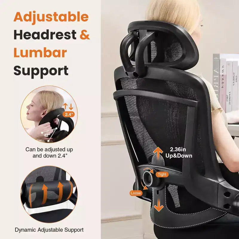 Okak High-Back Ergonomic Office Chair with Adjustable Lumbar Support, Gaming Chair with Mesh Headrest, Computer Chair for Home, Office