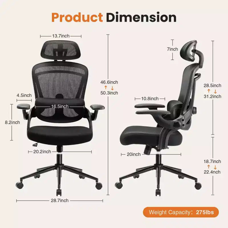 Okak High-Back Ergonomic Office Chair with Adjustable Lumbar Support, Gaming Chair with Mesh Headrest, Computer Chair for Home, Office