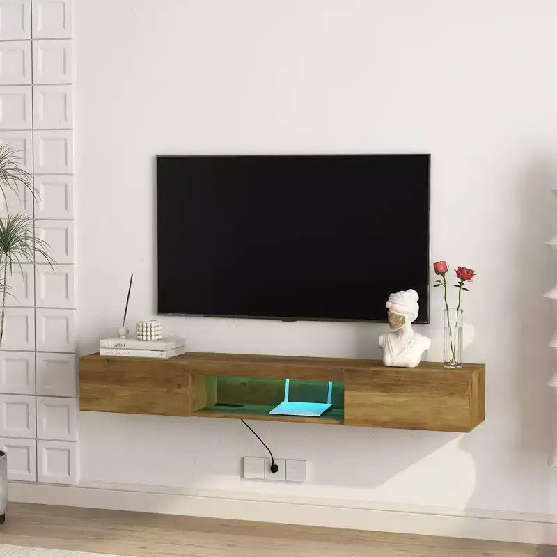 Floating TV Stand, Wall Mounted TV Shelf with 16 LED Lights & Power Outlet, Wall Mounted Console Table
