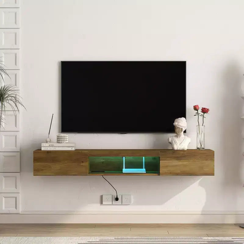 Floating TV Stand, Wall Mounted TV Shelf with 16 LED Lights & Power Outlet, Wall Mounted Console Table
