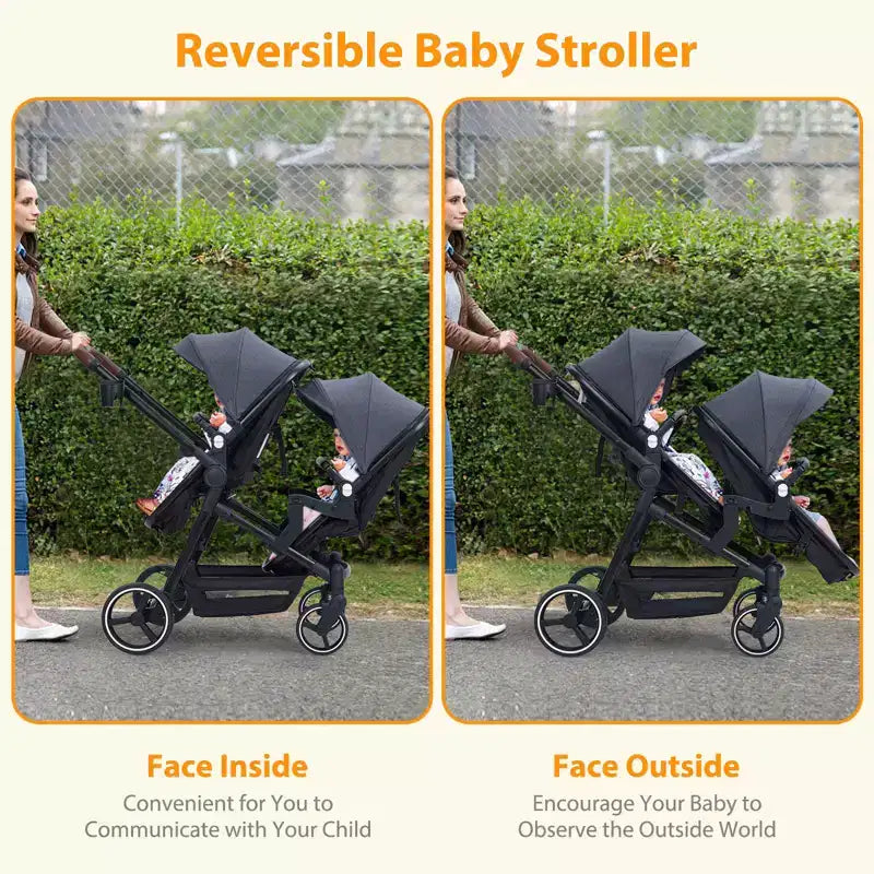 Passeggino doppio pieghevole per neonati e bambini con sedile reversibile, imbracatura di sicurezza a cinque punti, schienale regolabile e cestino portaoggetti con capottina