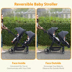 Passeggino doppio pieghevole per neonati e bambini con sedile reversibile, imbracatura di sicurezza a cinque punti, schienale regolabile e cestino portaoggetti con capottina