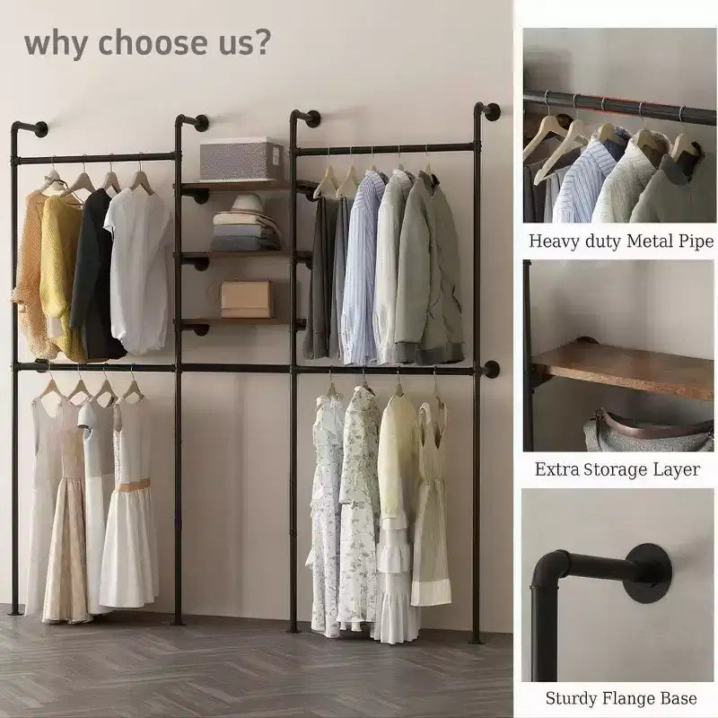 114 Garment Rack Wall Mounted Clothes Rack, 1000 lbs Industrial Pipe Clothing Racks, Heavy Duty Storage Wardrobe Closet Kit Walk in Closet Systems