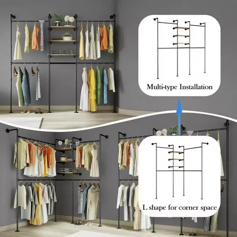 114 Garment Rack Wall Mounted Clothes Rack, 1000 lbs Industrial Pipe Clothing Racks, Heavy Duty Storage Wardrobe Closet Kit Walk in Closet Systems