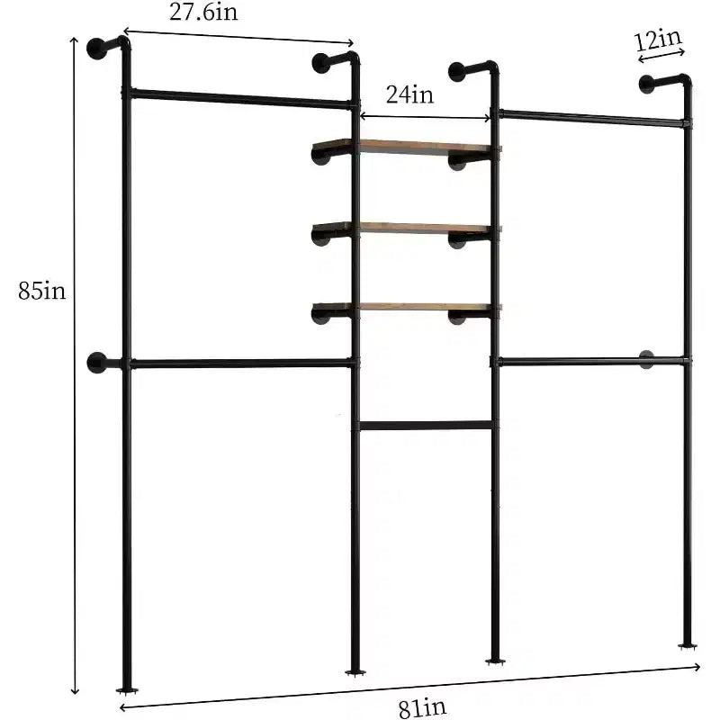 114 Garment Rack Wall Mounted Clothes Rack, 1000 lbs Industrial Pipe Clothing Racks, Heavy Duty Storage Wardrobe Closet Kit Walk in Closet Systems