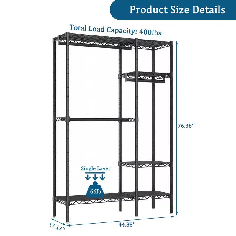 114 Garment Rack Wall Mounted Clothes Rack, 1000 lbs Industrial Pipe Clothing Racks, Heavy Duty Storage Wardrobe Closet Kit Walk in Closet Systems