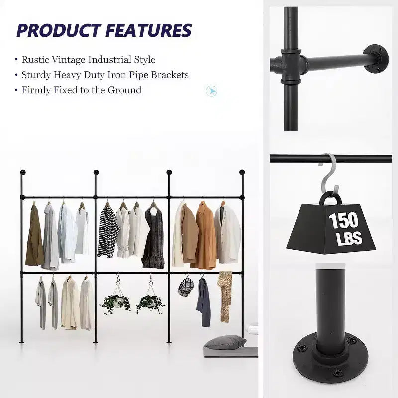 114 Garment Rack Wall Mounted Clothes Rack, 1000 lbs Industrial Pipe Clothing Racks, Heavy Duty Storage Wardrobe Closet Kit Walk in Closet Systems