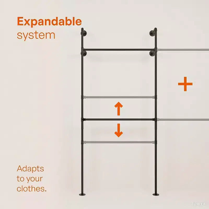 114 Garment Rack Wall Mounted Clothes Rack, 1000 lbs Industrial Pipe Clothing Racks, Heavy Duty Storage Wardrobe Closet Kit Walk in Closet Systems