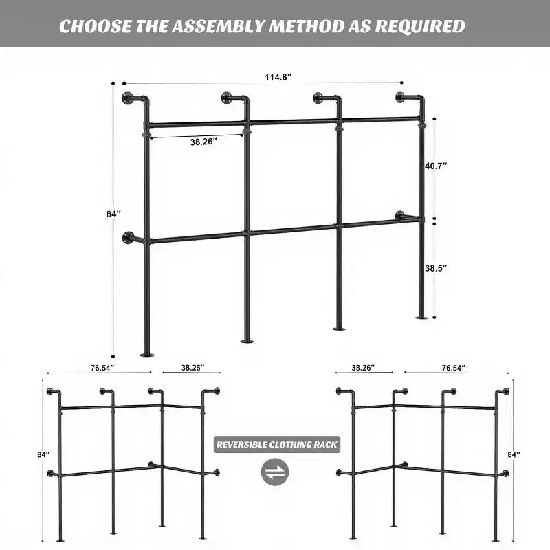 114 Garment Rack Wall Mounted Clothes Rack, 1000 lbs Industrial Pipe Clothing Racks, Heavy Duty Storage Wardrobe Closet Kit Walk in Closet Systems
