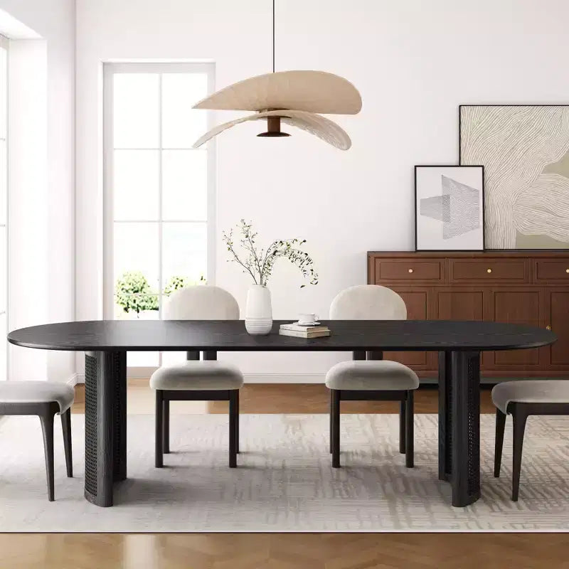 PexFix 79 Tavolo da Pranzo Ovale per 6-8 con Piano a Bordo Curvo e Base in Rattan Intrecciato Tavolo da Cucina Moderno Stile Rustico per Soggiorno Sala da Pranzo Nero